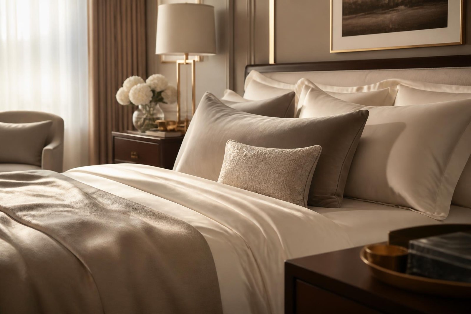 A calm, layered bedroom dressed in Tip Top Bedding linens